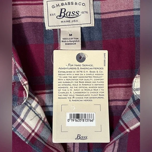 G.H.‎ Bass & Co. Lightweight Plaid Long Sleeved Shirt Medium Roll Tab Sleeve NWT - Picture 3 of 10